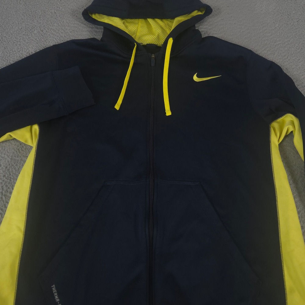 Nike Hoodie Mens XL Navy Therma Full-Zip Training Neon Yellow Panels Performance